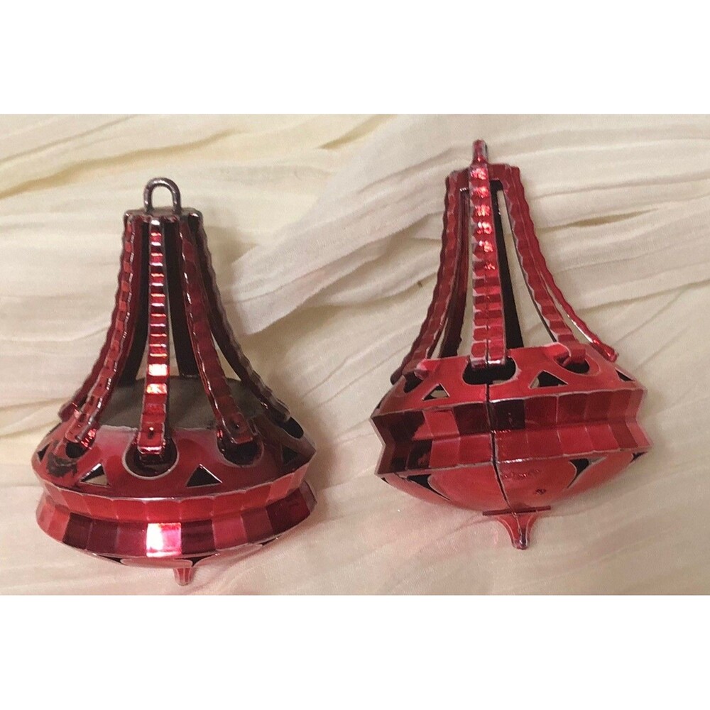 2 Vintage Jewel Brite Red Chrome Plastic Toy Top Christmas Ornament Mcm